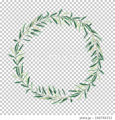 Watercolor olive wreath. Isolated on white background. Hand drawn botanical illustration. Can be used for cards, logos and food design. 108748152