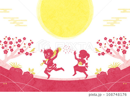 節分の和風背景フレーム 鬼と豆まきをする女の子の和紙シルエット 節分の和風背景フレーム 鬼と豆まきをする女の子の和紙シルエット 108748176