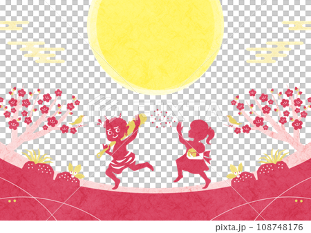 節分日式背景框架日本紙剪影一個女孩與惡魔扔豆子 108748176
