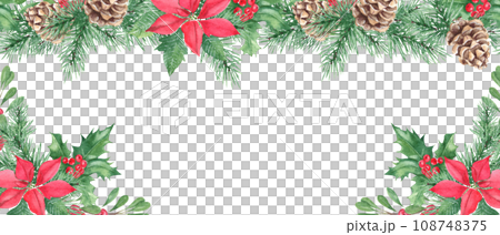 Horizontal watercolor Christmas border, frame. Hand drawn illustration. Pine cone and branches, Holly plant with red berries. Poinsettia with Cowberry, lingonberry. 108748375