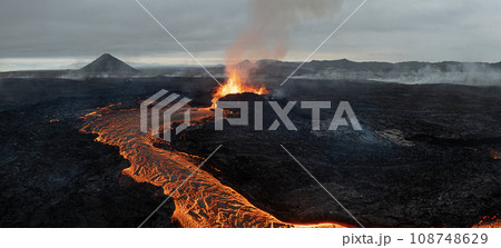 Beautiful aerial panoramatic view of active volcano, Litli - Hrutur, Iceland 2023 Beautiful aerial panoramatic view of active volcano, Litli - Hrutur, Iceland 2023 108748629
