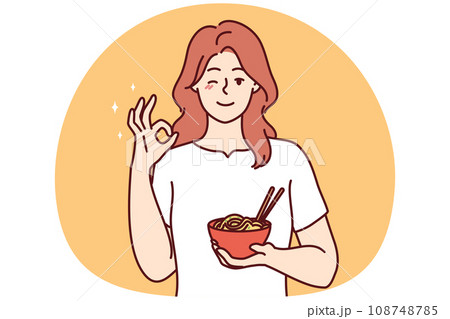 Smiling woman recommend food show ok gesture 108748785