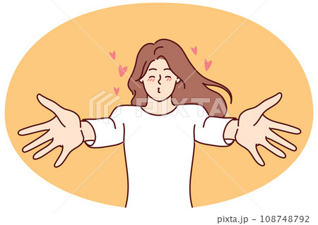 Happy woman stretch hands ready for kiss Happy woman stretch hands ready for kiss 108748792