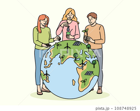 Human volunteers near globe and place trees and wind or solar generators on planet to combat CO2 Human volunteers near globe and place trees and wind or solar generators on planet to combat CO2 108748925