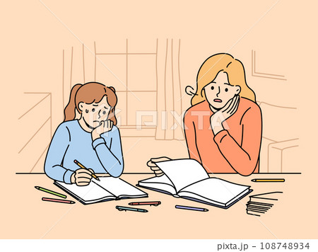 Woman helps daughter do extracurricular work and is upset by child lack knowledge and poor education 108748934