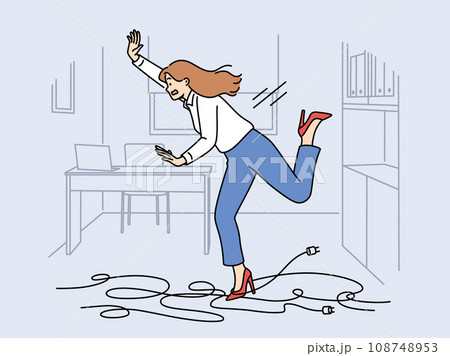 Businesswoman trips on wires and falls, risking injury due to clumsiness or mess in workplace Businesswoman trips on wires and falls, risking injury due to clumsiness or mess in workplace 108748953