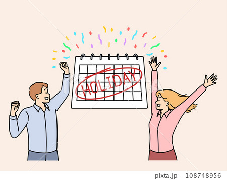 Happy man and woman stand near calendar with inscription holiday, and celebrate beginning vacation 108748956