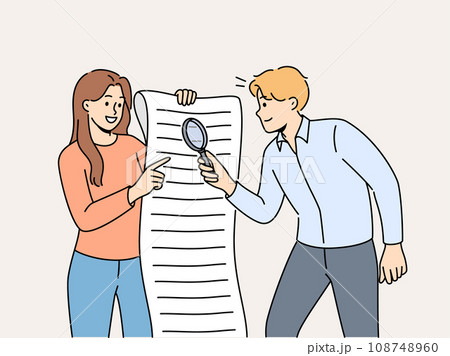 Man and woman are studying business document using magnifying glass to look for hidden information Man and woman are studying business document using magnifying glass to look for hidden information 108748960