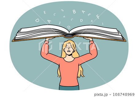 Anxious woman hold huge book Anxious woman hold huge book 108748969