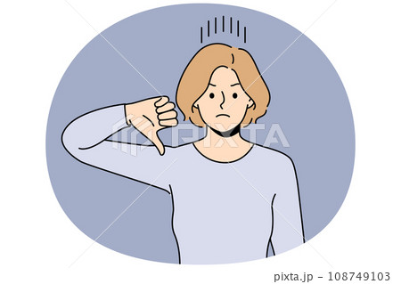 Unhappy woman show thumb down Unhappy woman show thumb down 108749103