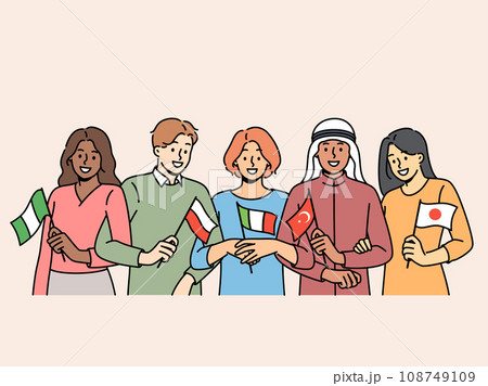 Students different nationalities hold state flags inviting them to take part in educational exchange 108749109