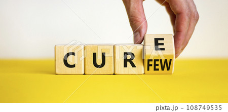 Curfew and cure symbol. Businessman turns a cube and changes the word 'curfew' to 'cure'. Beautiful white and yellow background. Business, curfew and cure concept. Copy space. 108749535