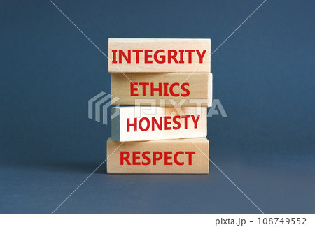 Integrity ethics honesty respect symbol. Concept word Integrity Ethics Honesty Respect on block. Beautiful grey background. Business integrity ethics honesty respect concept. Integrity ethics honesty respect symbol. Concept word Integrity Ethics Honesty Respect on block. Beautiful grey background. Business integrity ethics honesty respect concept. 108749552