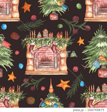 Watercolor festive seamless pattern with Christmas interior items. Winter items for a cozy new year. Illustration for design, print, fabric or background. 108749675