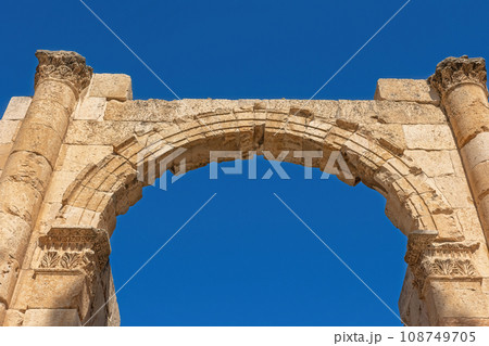 Front view of the Gate South at  Jerash ,  Jordan. 108749705