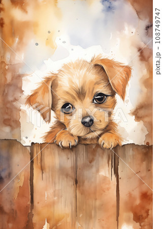 Puppy watercolor background. Cute adorable puppy card Puppy watercolor background. Cute adorable puppy card 108749747