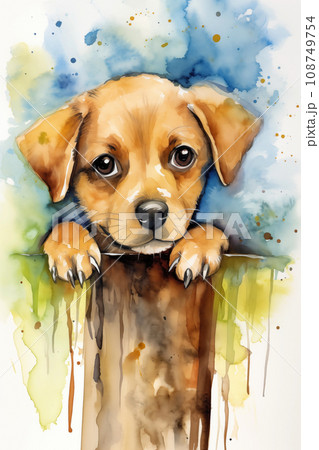 Puppy watercolor background. Cute adorable puppy card 108749754