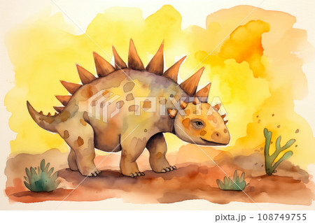 Stegosaurus dinosaur watercolor background. Cute adorable stegosaurus card 108749755