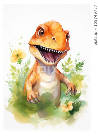 T-rex dinosaur watercolor background. Cute adorable T-rex card T-rex dinosaur watercolor background. Cute adorable T-rex card 108749757