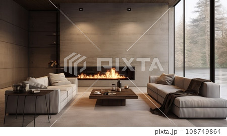 Minimalist interior style of modern living room with sofa, fireplace and concrete walls Minimalist interior style of modern living room with sofa, fireplace and concrete walls 108749864