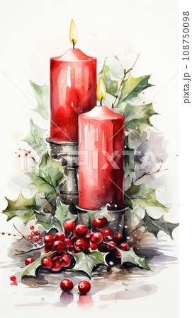 Candles surrounded by holly leaves 108750098