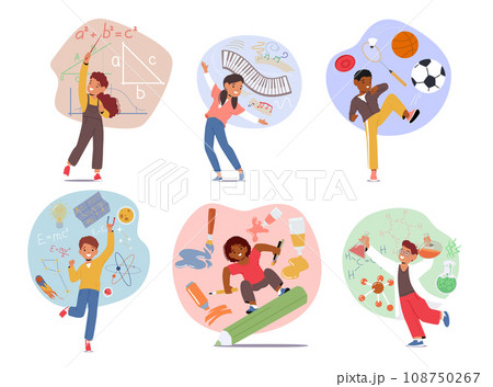 Children Learn Various School Subjects. Geometry, Physics, Chemistry Science, Music, Painting, And Sport 108750267