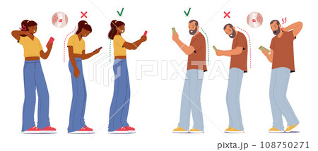 Characters With Mobiles Perform Wrong Posture, Hunched Over Phones, Causing Neck Pain. Correct Posture 108750271