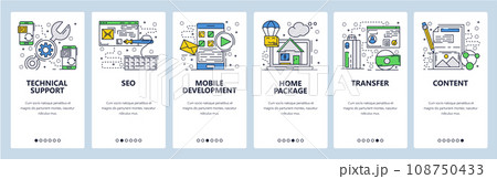 Vector web site linear art onboarding screens template. Technical support, money transfer and website content management. Menu banners for website and mobile app development. Modern design flat Vector web site linear art onboarding screens template. Technical support, money transfer and website content management. Menu banners for website and mobile app development. Modern design flat 108750433