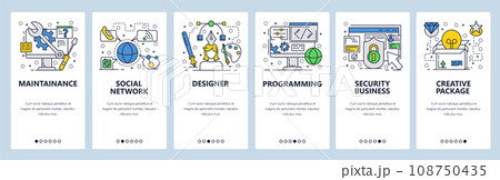 Vector web site linear art onboarding screens template. Designer, website coding, business security. Menu banners for website and mobile app development. Modern design flat illustration. 108750435