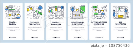 Vector web site linear art onboarding screens template. Business investment portfolio, global economy. Menu banners for website and mobile app development. Modern design flat illustration. 108750436