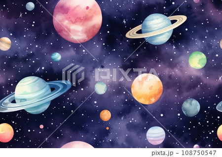 Seamless pattern of watercolor outer cosmos space with different planet Seamless pattern of watercolor outer cosmos space with different planet 108750547