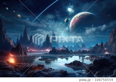 alien landscape, fantasy planet, night sky with stars on background. Generative AI alien landscape, fantasy planet, night sky with stars on background. Generative AI 108750554
