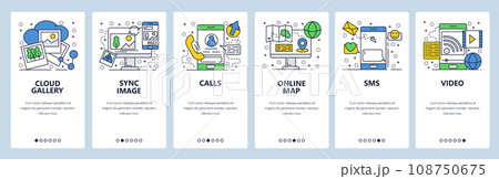 Vector web site linear art onboarding screens template. Mobile phone online services, cloud sync, calls, navigation map and messages. Menu banners for website and mobile app development Vector web site linear art onboarding screens template. Mobile phone online services, cloud sync, calls, navigation map and messages. Menu banners for website and mobile app development 108750675