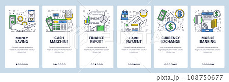 Vector web site linear art onboarding screens template. Mobile banking, credit card payment and curency exchange. Menu banners for website and mobile app development. Modern design flat illustration. Vector web site linear art onboarding screens template. Mobile banking, credit card payment and curency exchange. Menu banners for website and mobile app development. Modern design flat illustration. 108750677