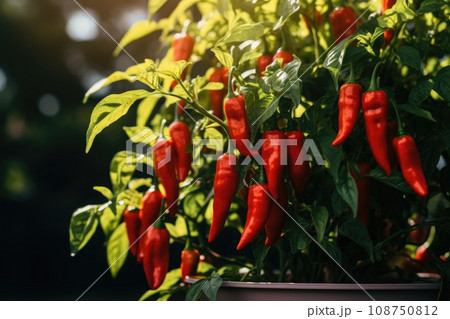Red pepper grow in the vegetable garden in sunny day 108750812