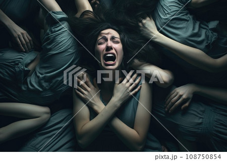 woman victim feeling fear, alone or crying on a dark background. girl with social anxiety concept 108750854