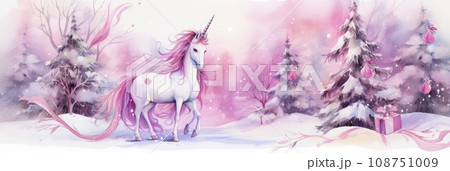 Magical winter forest with Unicorn 108751009