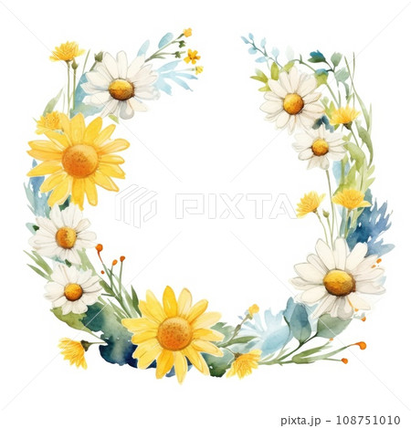 Circle frame of watercolor daisy flowers and leaves on white background. Circle frame of watercolor daisy flowers and leaves on white background. 108751010