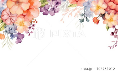 Border of watercolor field flowers and leaves on white background. Border of watercolor field flowers and leaves on white background. 108751012
