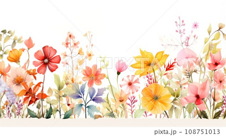 Border of watercolor field flowers and leaves on white background. Border of watercolor field flowers and leaves on white background. 108751013