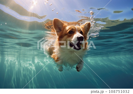 Cute dog corgi swimming under the water. Cute dog corgi swimming under the water. 108751032