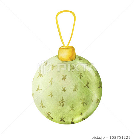 Christmas tree decoration green glass ball hanging on golden ribbon. Watercolor Xmas ornaments illustration for decoration and design 108751223