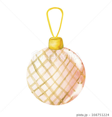 Christmas tree decoration pink glass ball hanging on golden ribbon. Watercolor Xmas ornaments illustration for decoration and design Christmas tree decoration pink glass ball hanging on golden ribbon. Watercolor Xmas ornaments illustration for decoration and design 108751224