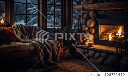 Cozy winter cottage with crackling fireplace, plush blankets in the sifa,background of the window Cozy winter cottage with crackling fireplace, plush blankets in the sifa,background of the window 108751450