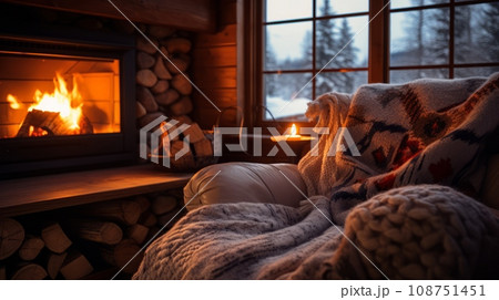 A cozy winter cabin with a crackling fireplace, plaid on a chair A cozy winter cabin with a crackling fireplace, plaid on a chair 108751451