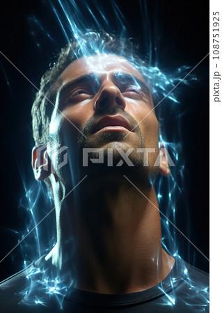 Man Enveloped in Dynamic Swirls of Blue Sparks in a Dark Setting. AI generation 108751925