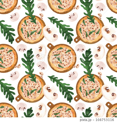 Seamless pizza pattern with mushrooms and arugula. Watercolor illustration for menus, recipes, kitchen textiles, design of cafes, restaurants and pizzerias, as well as pizza boxes and packaging. 108753116