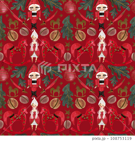 Nutcracker and nuts. Seamless watercolor pattern for New Year and Christmas wrapping paper. Vintage style gifts for children under the Christmas tree. 108753119