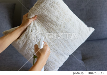 クッションにスプレーする女性の手元 クッションにスプレーする女性の手元 108753347