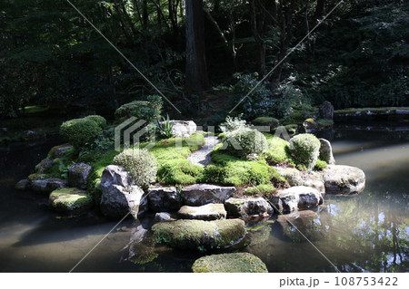 太陽の光りがあたる緑の苔や植木や岩の小さな島のある池のある庭園の風景 108753422